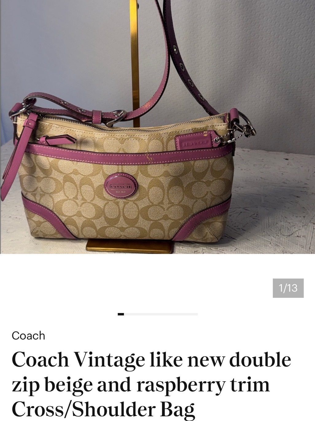 Coach Beige Signature Crossbody With Raspberry Trim With Dust Bag